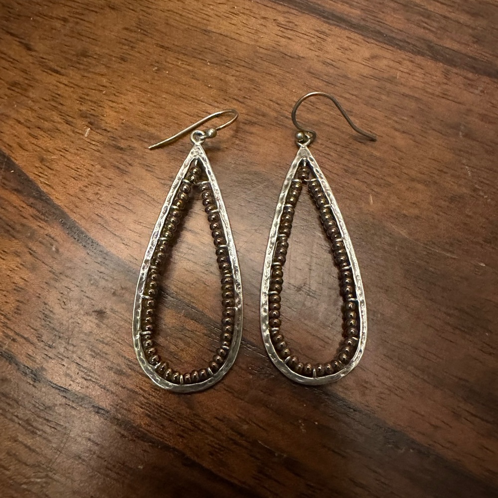 Real Silver and Brown Beaded Teardrop Earrings